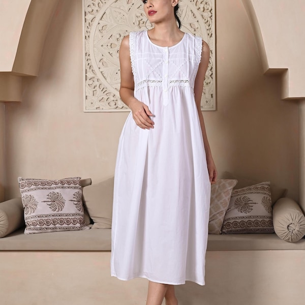 Women 100% Pure cotton Victorian style Nightdress sleepwear nightgown Boho Iconic white Sleeveless Nightie