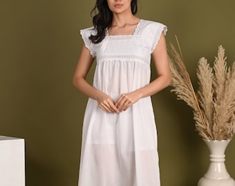 Feminine white 100% pure cotton nightgown women Victorian style sleepwear nightdress boho sleeveless nightie