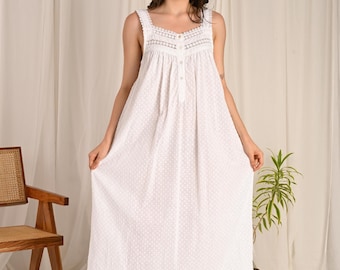100% Pure cotton women wear Victorian style nightgown Sleepwear feminine white nightdress sleeveless boho nightie