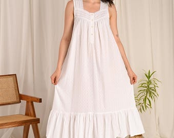 Women 100% pure cotton Victorian style nightgown, sleeveless feminine white nightdress, sleepwear long nightie