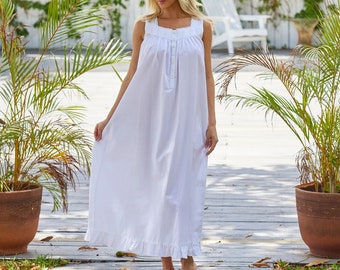 Women 100% pure cotton Victorian nightgown feminine white sleeveless sleepwear nightdress boho long nightie