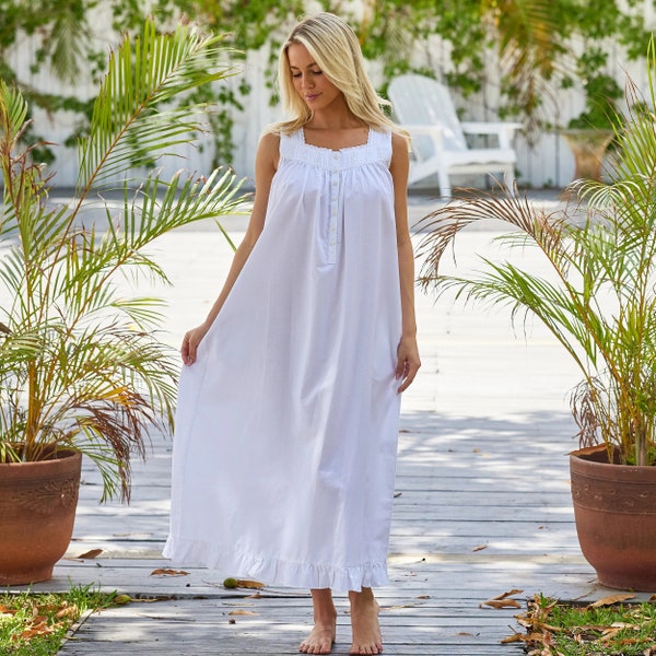 Femme 100% pur coton Chemise de nuit victorienne féminine blanche sans manches chemise de nuit boho longue nuisette