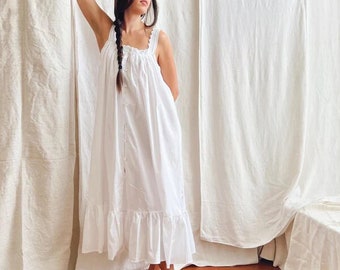 Women 100% pure cotton Victorian nightgown feminine white cotton nightdress boho sleepwear sleeveless nightie