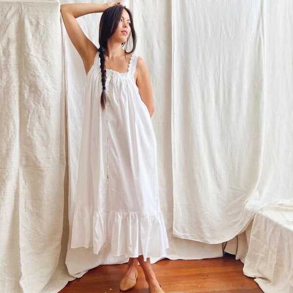 Women 100% pure cotton Victorian nightgown feminine white cotton nightdress boho sleepwear sleeveless nightie