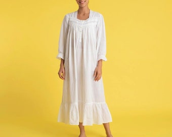 Feminine white 100% pure cotton nightgown women Victorian style sleepwear nightdress boho nightie