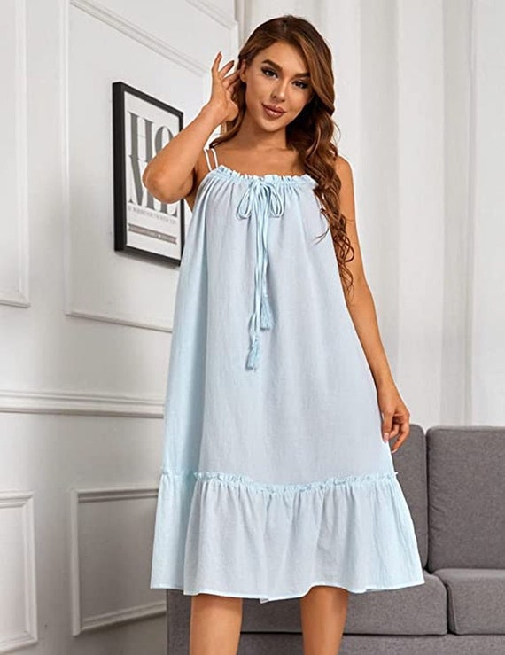 aqua cotton Long Sleeveless Nightgown