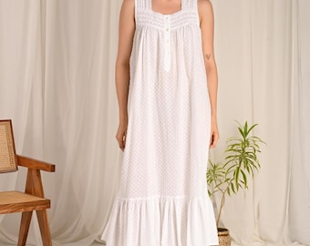 Camisón de estilo victoriano para mujer, 100% algodón puro, camisón blanco femenino sin mangas, camisón largo para dormir