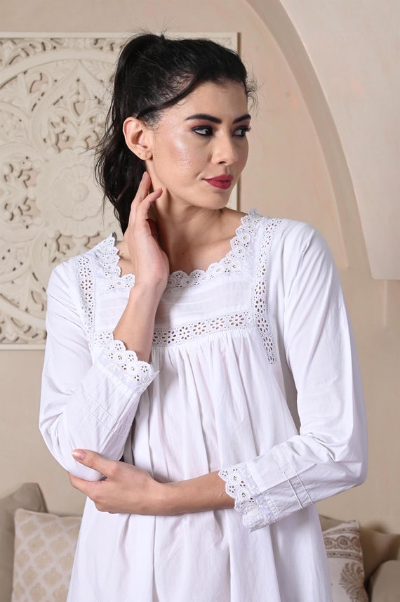 Women 100 Pure Cotton Victorian Style Nightdress Long Sleeves Sleepwear Nightgown Boho Iconic White Nightie Etsy