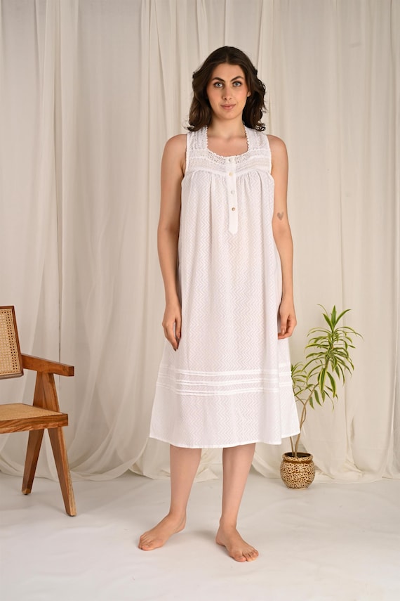 Pure Cotton Voile Women Victorian Style Nightgown Sleeveless