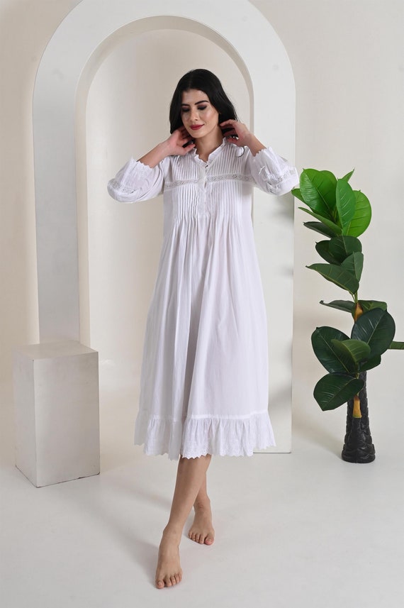 100 Pure Cotton Women s Victorian Style Nightgown Boho Sleepwear Nightdress Iconic White Cotton Nightie Etsy
