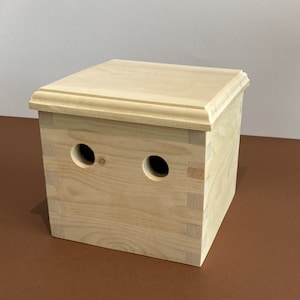 Op de afbeelding: Een lichtgekleurde houten kist met een decoratieve bovenkant en twee ronde gaten aan de voorkant. De kist is geconstrueerd met in elkaar grijpende verbindingen en heeft een natuurlijke houtnerf.