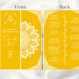 Könnte beinhalten: Eine gelbe Hochzeitseinladung mit weißem Text und einem weißen Mandala-Design. Die Vorderseite der Einladung lautet "Willkommen zur hinduistischen Zeremonie von Simran & Ashish" und das Datum "15. Januar 2023". Die Rückseite der Einladung listet die verschiedenen Ereignisse der Zeremonie auf.