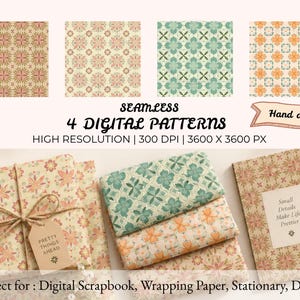 May include: Four seamless digital patterns featuring repeating floral and geometric motifs in muted tones of pink, green, and orange. The collection includes high-resolution files displayed on wrapped gifts, folded fabric, and a notebook with the text Small Details Make Life Prettier.