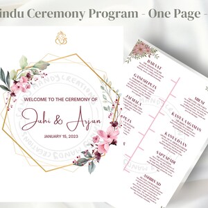 May include: A wedding ceremony program with a floral design and gold accents. The program lists the events of the ceremony, including the Baraat, Ganesh Puja, Jaimala, Puja, Kanya Aagaman, Kanya Daan, Saptapadi, and Ashrvad. The program is for Juhi & Arjun and is dated January 15, 2023.