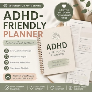 May include: An ADHD-friendly planner with a spiral binding, featuring the text "ADHD Life Focus Planner." The cover is beige with a brain graphic. Additional pages include daily focus, emotional reset tools, and bonus pages. The planner is designed for daily and weekly planning.