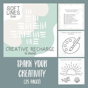 May include: A 25-page Creative Recharge art journal with a soft green and white cover featuring the text Soft Lines Studio and Creative Recharge Art Journal. Interior pages include a mood checklist, a paint palette illustration, and a sun scene.
