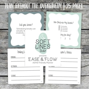 Op de afbeelding: Een planner van 25 pagina's getiteld Ease & Flow van Soft Lines Studio. De pagina's hebben een geschulpt randontwerp in gedempte blauwe en groene tinten. De tekst bevat "Plan without the overwhelm," "Did you know?," en dagelijkse schema's.