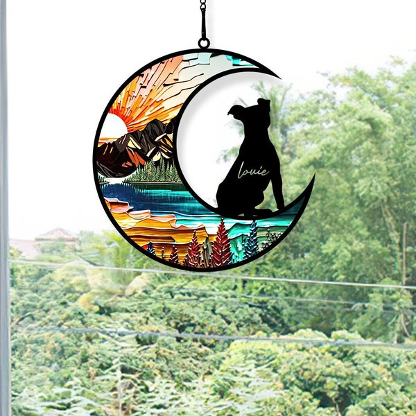 Personalized Dog On Moon Acrylic Windows Hangings, Window Hanging Decor, Loss of Dog Sympathy Gift, Dog Bereavement Gift