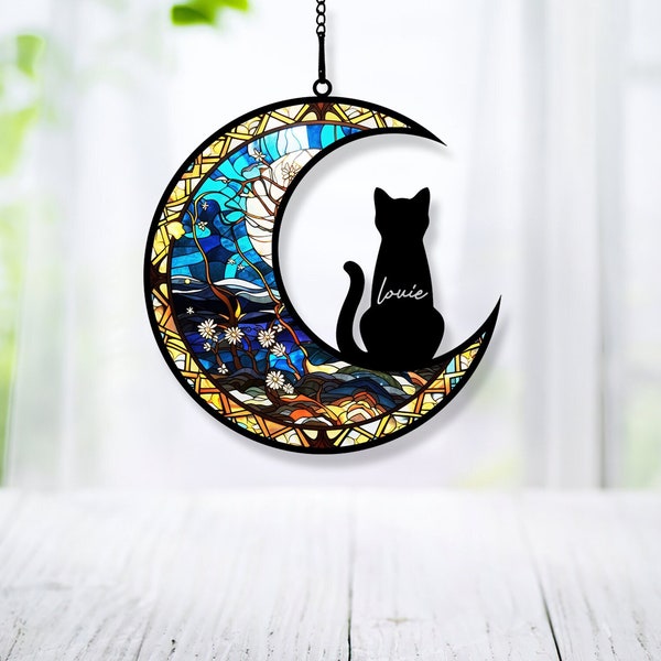 Personalized Sleeping Cat On Moon Acrylic Windows Hangings, Cat Memorial Gifts, Cat Decoration, Handcrafted Suncatchers, Cat Decor