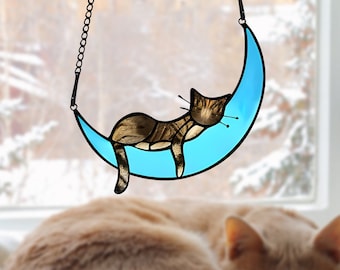 Personalized Sleeping Cat On Moon Acrylic Windows Hangings, Handcrafted Suncatchers, Cat Decoration, Cat Memorial Gifts, Pet Lover