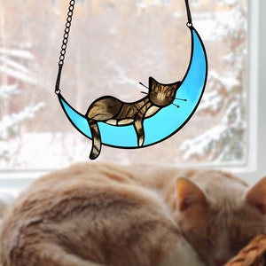 Personalized Sleeping Cat On Moon Acrylic Windows Hangings, Handcrafted Suncatchers, Cat Decoration, Cat Memorial Gifts, Pet Lover