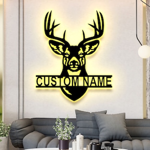 Custom Deer Metal Sign With LED Lights. Personalized Deer Hunter Name Metal Sign. Custom Metal Wall Decor, Gift for Dad, Father&#39;s Day Gift