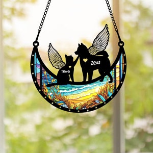 New! Couple Pet On Moon Loss of Pet Sympathy Gift, Custom Dog Breed Memorial Suncatcher, Gift for Dog Cat Lovers, Handmade Pet Memorial Gift