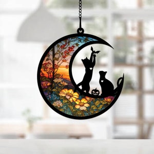 Personalized Couple Cat On Moon, Personalized couple Black Cat Suncatcher, Halloween Decoration, Halloween suncatcher gift