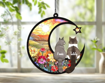 Personalized Cats Memorial with Cat Breed Suncatcher, Loss of Cats Sympathy, Custom Couple Cat On Moon Suncatcher, Gift for Cat Lovers