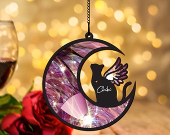 Personalized Cat with Wings Suncatcher Ornament, Cat Memorial Gift, Pet Loss Sympathy Gift, Loss of Cat Remembrance Gift, Cat on Moon