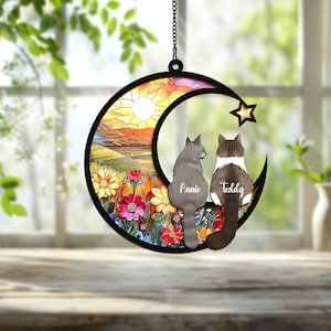 Personalized Cats Memorial with Cat Breed Suncatcher, Loss of Cats Sympathy, Custom Couple Cat On Moon Suncatcher, Gift for Cat Lovers