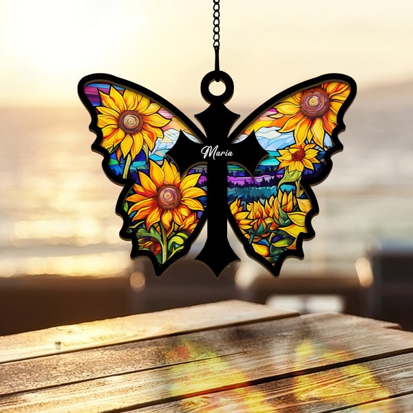 Personalized Easter, Sunflower Cross Butterfly, Loss of Loved One, Cross Suncatcher, Memorial Suncatcher Ornament, Gift For Christian