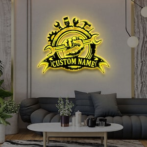 Custom Wrench Mechanic Metal Wall Art With LED Light, Personalized Mechanic Name Sign,  Mechanic Metal LED Decor, Gift for Dad, Father&#39;s Day