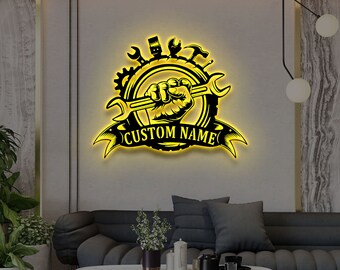 Custom Wrench Mechanic Metal Wall Art With LED Light, Personalized Mechanic Name Sign,  Mechanic Metal LED Decor, Gift for Dad, Father's Day