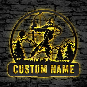 Custom Bow Hunter Metal Wall Art LED Lights, Personalized Bow Hunting Name Sign,Bow Hunting Metal Home Decor, gift for Dad, Gift for Husband