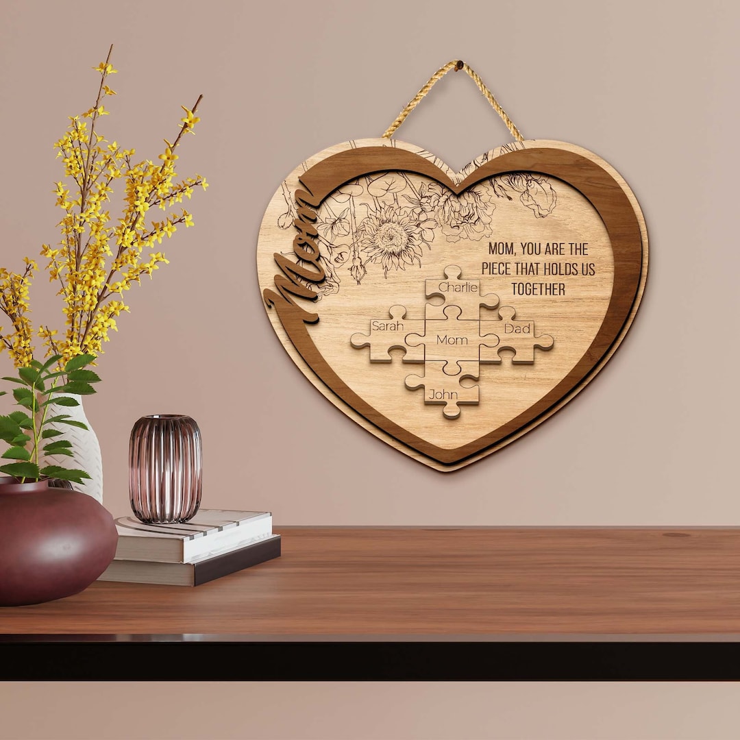 Personalized Mom Heart Wooden Art – Custom Kids Names up to 7 Children – “To the World You Are Mom, But to Me You Are the World” Mother’s Day Gift
