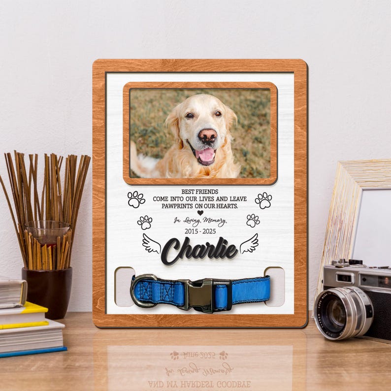 Personalized Dog Memorial Wood Frame With Collar Holder, Custom Pet ...