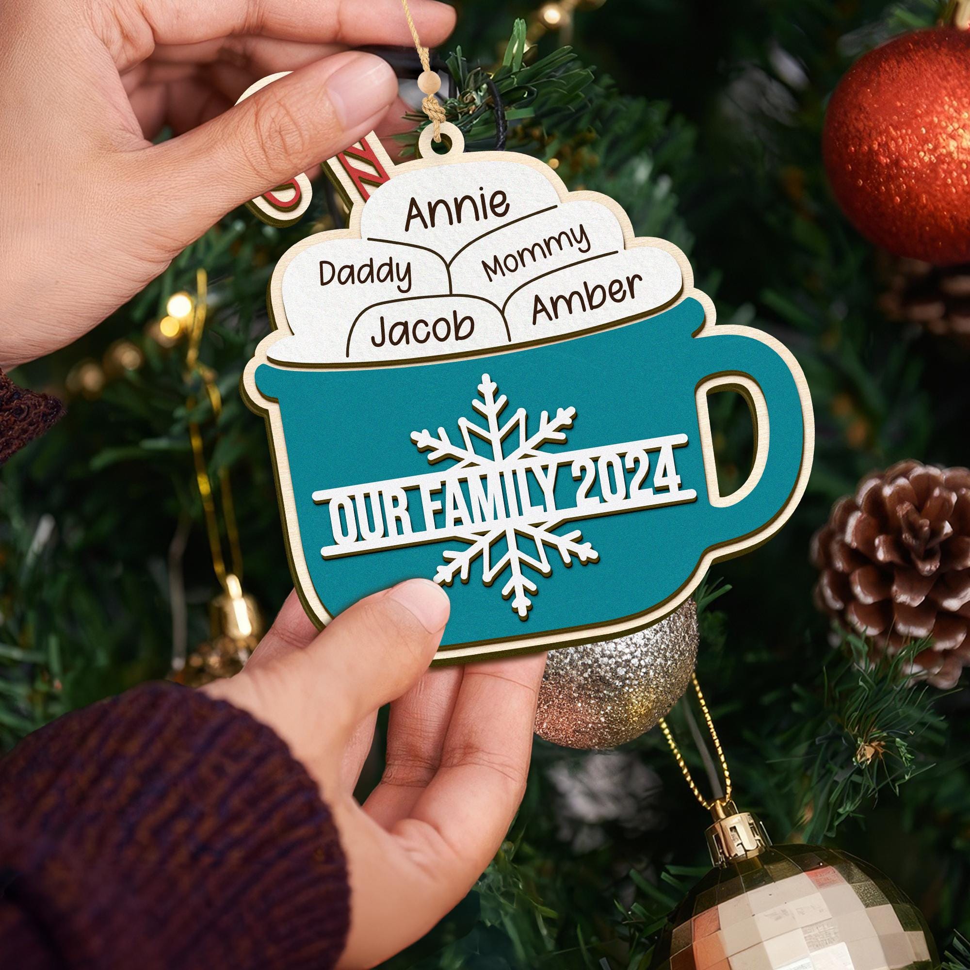 Custom Family Hot Coco Mug Ornament, Personalized Christmas Family and Pet Ornament, Hot Chocolate & Marshmallow Ornament, Christmas Gift