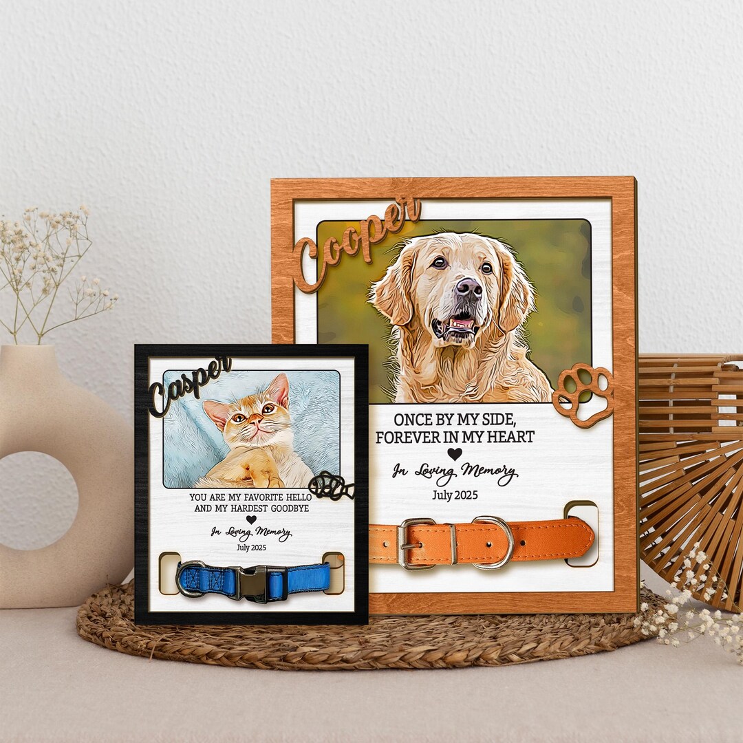 Personalized Pet Memorial Frame With Photo & Collar Holder, Dog Cat ...