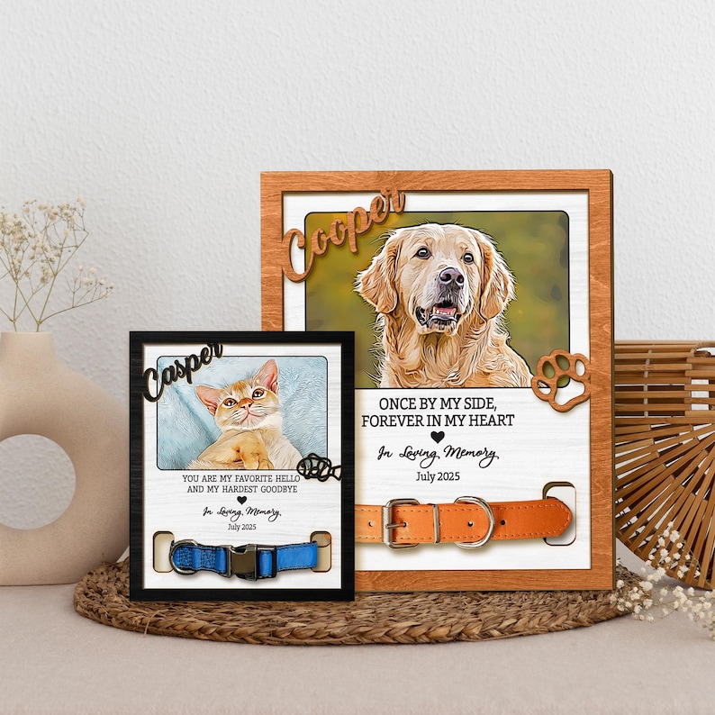 Personalized Pet Memorial Frame With Photo & Collar Holder, Dog Cat ...