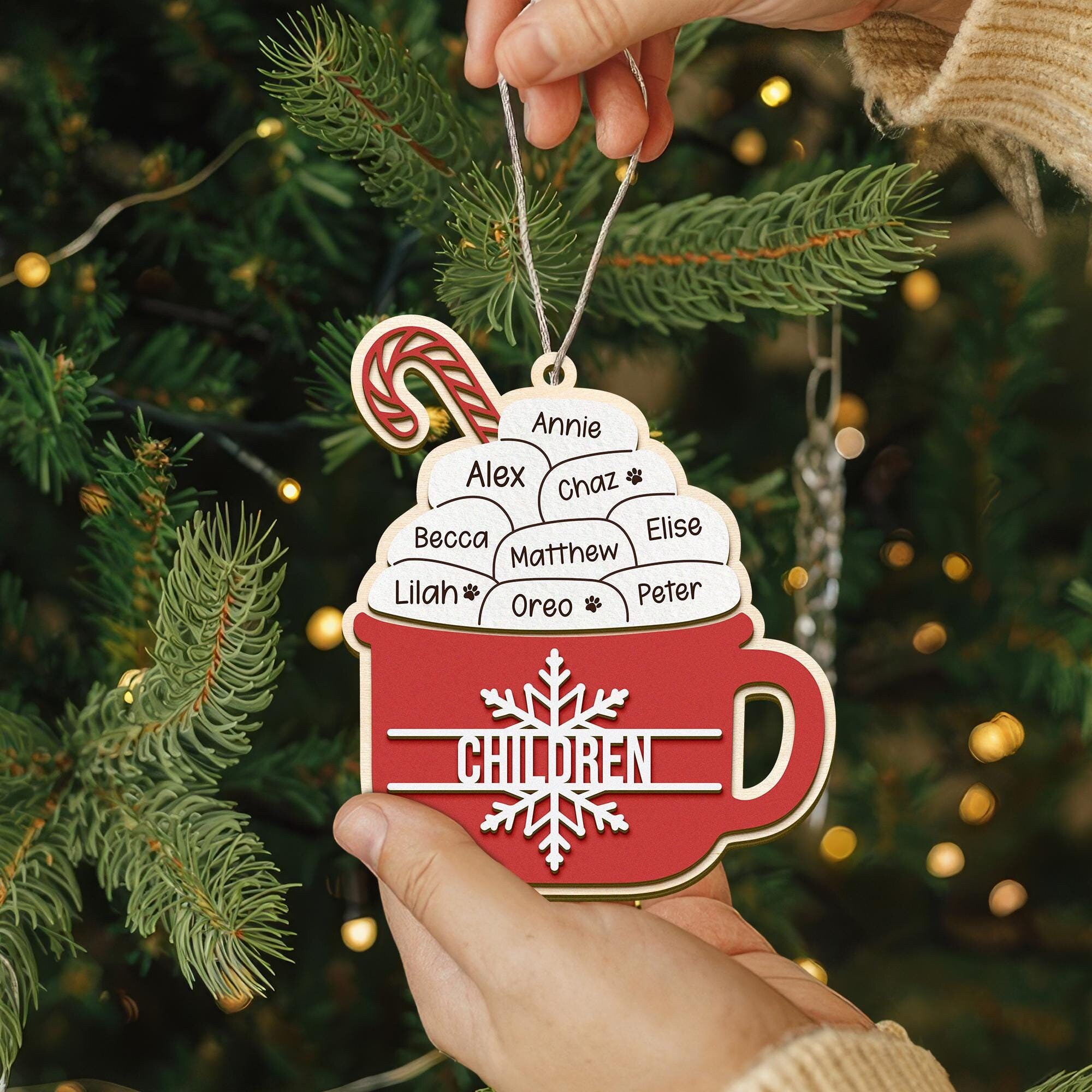 Custom Family Hot Coco Mug Ornament, Personalized Christmas Family and Pet Ornament, Hot Chocolate & Marshmallow Ornament, Christmas Gift