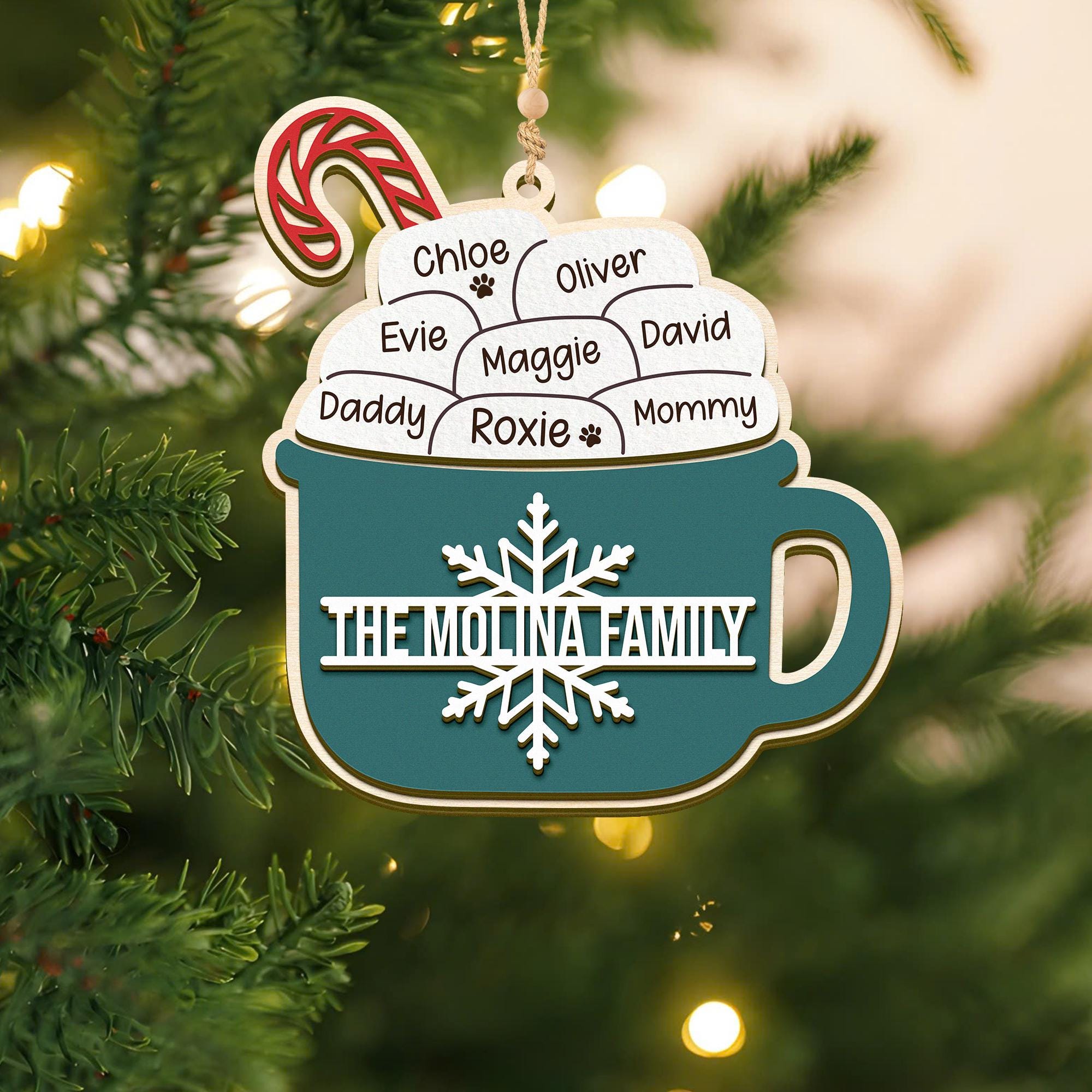 Custom Family Hot Coco Mug Ornament, Personalized Christmas Family and Pet Ornament, Hot Chocolate & Marshmallow Ornament, Christmas Gift