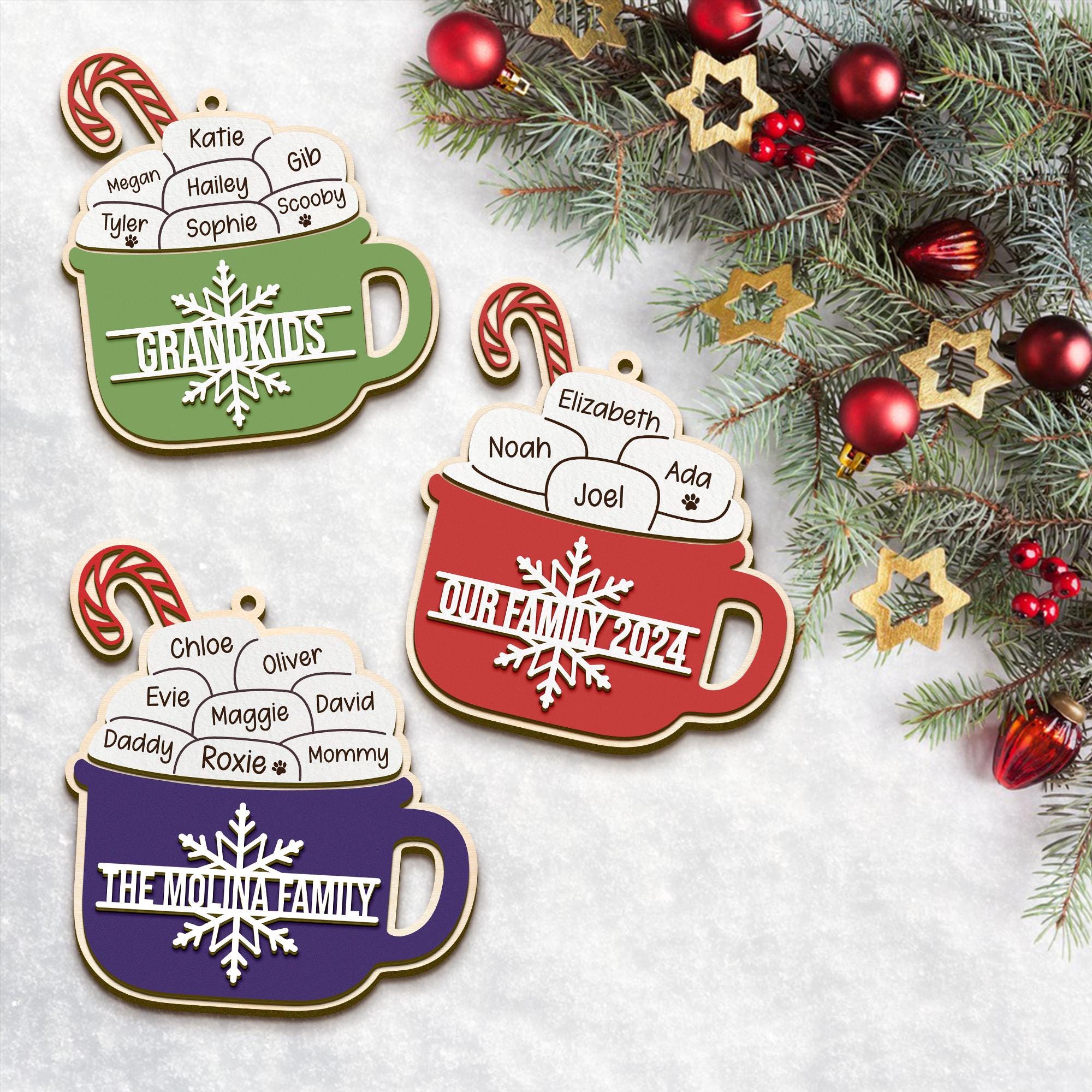 Custom Family Hot Coco Mug Ornament, Personalized Christmas Family and Pet Ornament, Hot Chocolate & Marshmallow Ornament, Christmas Gift
