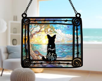 Personalized Dog Breed Suncatcher with Name & Date, Custom Couple Dog Sitting in Frame Suncatcher, Dog Memorial Gift, Dog Loss Gift