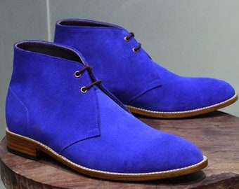 New Men's Handmade Shoes Blue Suede Leather Lace Up Stylish Ankle High Chukka Dress / Formal Boots