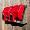 Double Battery Charger Mount Milwaukee M18v M12v Angled Quick Release Secure Steel Wall Mount Contractor Service Truck Van