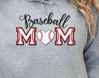 May include: Gray hooded sweatshirt with the text "Baseball MOM" in black and red lettering. A baseball with red stitching is inside a red heart.