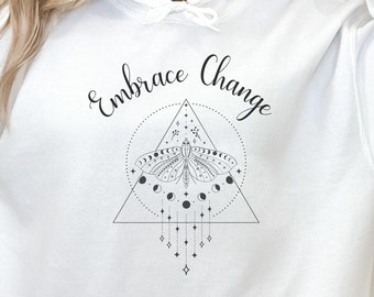 Sweatshirt Celestial Moth Butterfly Moon Phase Astrology Mystical Hooded Sweatshirt Boho Oversized Embrace Change Sweatshirt for Women Gift