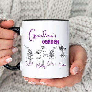 Personalized Grandma Floral Mug, Grandma&#39;s Garden Coffee Cup, Custom Birth Flower Mug for Her, Mothers Day Gift for Grandma, Birthday Mug