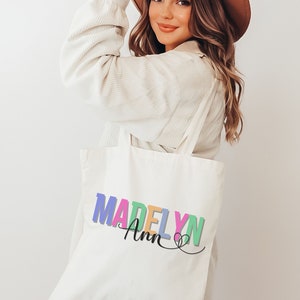 Name Kids Tote Bag for Children Books for Kindergarten Library Tote Personalized Canvas Tote Bag for Preschool Tote Valentine Gift Colorful